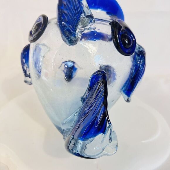 Blue Clear Hand Blown Art Glass Open Mouth Fish Vase Bowl Center Piece BEAUTIFUL - Picture 7 of 10